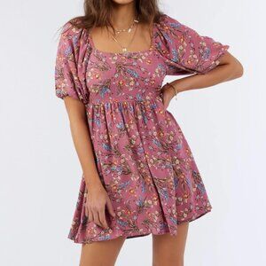 Pink Floral Puff Sleeve Square Neck Knotted Open‑Back Ruffled Mini Dress